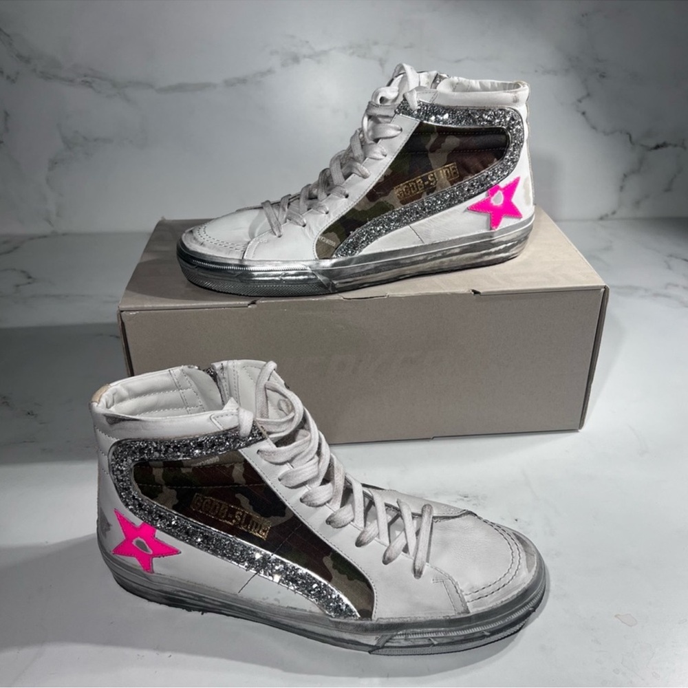 Golden Goose Slide White Green Camouflage Silver Pink Athletic High Top Sneakers - Picture 2 of 14